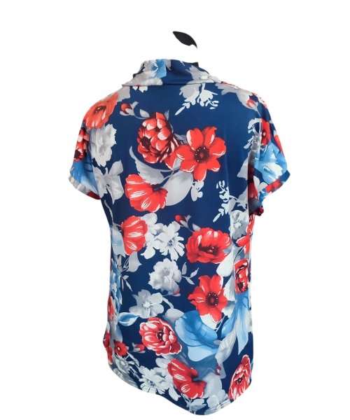 Bluzka kimono z luźnym dekoltem - granatowa czerwone kwiaty